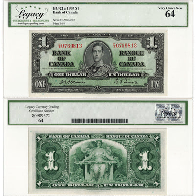 $1 1937 Bank of Canada Note Osborne Signature E/A Prefix BC-21a - Legacy UNC-64