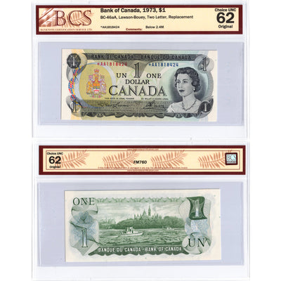 SOLD $1 1973 Bank of Canada Note *A/A Replacement Below 2.4m BC-46aA - BCS UNC-62