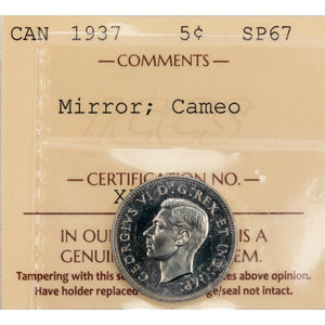 SOLD Canada 1937 5 Cents Nickel Mirror Specimen Coin - ICCS SP-67 Cameo