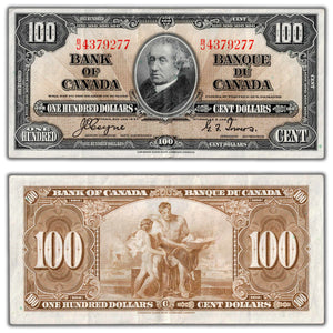 SOLD $100 1937 Bank of Canada Note Coyne-Towers B/J Prefix BC-27c - VF/EF
