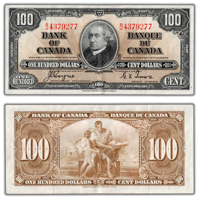 SOLD $100 1937 Bank of Canada Note Coyne-Towers B/J Prefix BC-27c - VF/EF