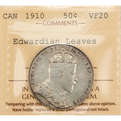 Canada 1910 Edwardian Leaves 50 Cents Half Dollar Silver Coin - ICCS VF-30