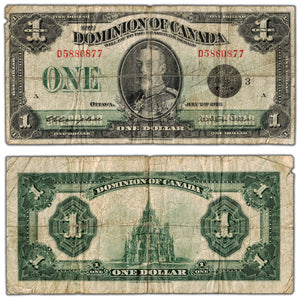 SOLD $1 1923 Dominion of Canada Note Black Seal Series D DC-25n - Writing/Tear