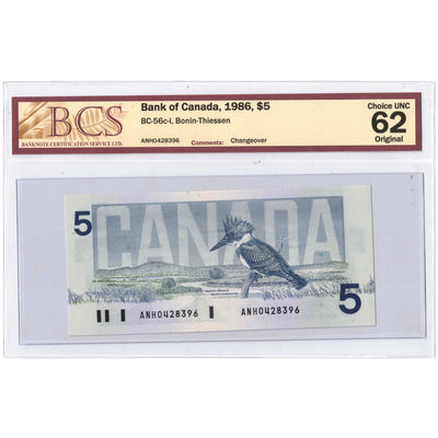 $5 1986 Bank of Canada Note Bonin-Thiessen ANH Prefix BC-56c-i - BCS UNC-62