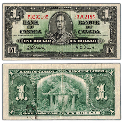 $1 1937 Bank of Canada Note Gordon-Towers M/L Prefix BC-21c - Back Stain