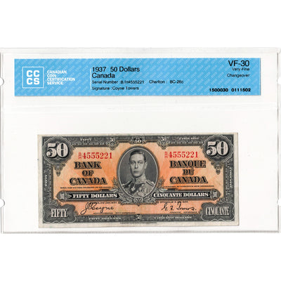 $50 1937 Bank of Canada Note Coyne-Towers B/H Prefix BC-26c - CCCS VF-30