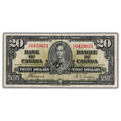 $20 1937 Bank of Canada Note Coyne-Towers K/E Prefix BC-25c - Sml. Tear/Lt. Pencil