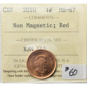 SOLD Canada 2010 Non Magnetic 1 Small Cent Coin - ICCS MS-67 Red