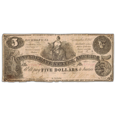 United States 1861 Confederate States of America $5 Five Dollars Note - Cut Cancelled