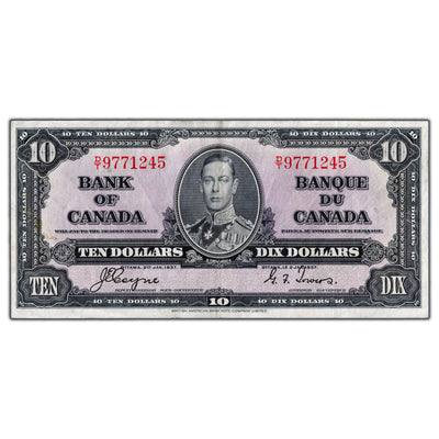 $10 1937 Bank of Canada Note Coyne-Towers D/T Prefix BC-24c - Abt. EF