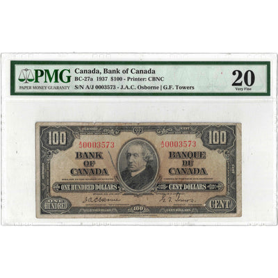 SOLD $100 1937 Bank of Canada Note Osborne Signature BC-27a - PMG VF-20