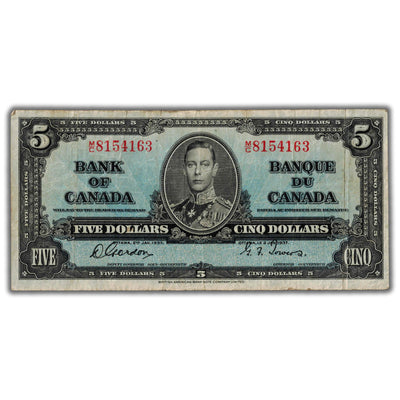 $5 1937 Bank of Canada Note Gordon-Towers M/C Prefix BC-23b - Fine+