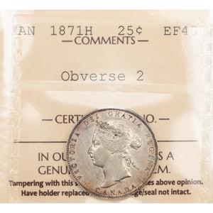 SOLD Canada 1871-H Obverse 2 25 Cents Quarter Silver Coin - ICCS EF-40