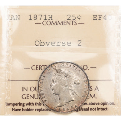SOLD Canada 1871-H Obverse 2 25 Cents Quarter Silver Coin - ICCS EF-40