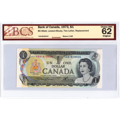 SOLD $1 1973 Bank of Canada Note *A/A Replacement Below 2.4m BC-46aA - BCS UNC-62