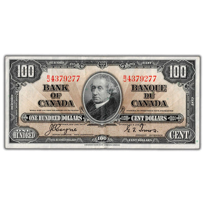 SOLD $100 1937 Bank of Canada Note Coyne-Towers B/J Prefix BC-27c - VF/EF
