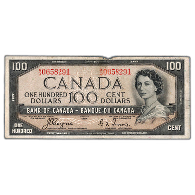 SOLD $100 1954 Bank of Canada Note Devil Face Coyne-Towers BC-35a - Damage