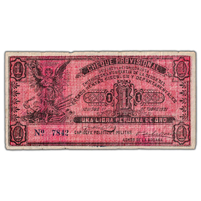 Peru Cheque Provisional 1921 1 One Libra Note P #S606a - Circulated (tear)