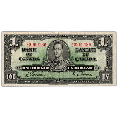 $1 1937 Bank of Canada Note Gordon-Towers M/L Prefix BC-21c - Back Stain