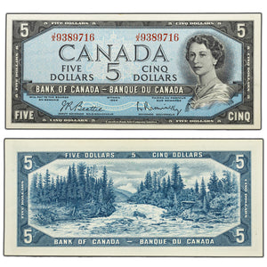 SOLD $5 1954 Bank of Canada Note Beattie-Rasminsky J/X Prefix BC-39b - AU