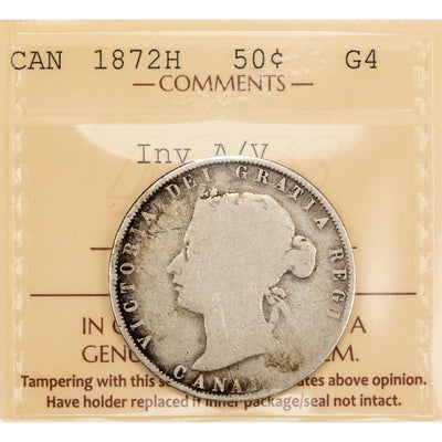 Canada 1872-H Inv A/V 50 Cents Half Dollar Silver Coin - ICCS G-4
