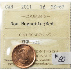 SOLD Canada 2011 Non Magnetic 1 Small Cent Coin - ICCS MS-67 Red