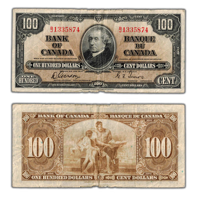 SOLD $100 1937 Bank of Canada Note Gordon-Towers B/J Prefix BC-27b - Circulated