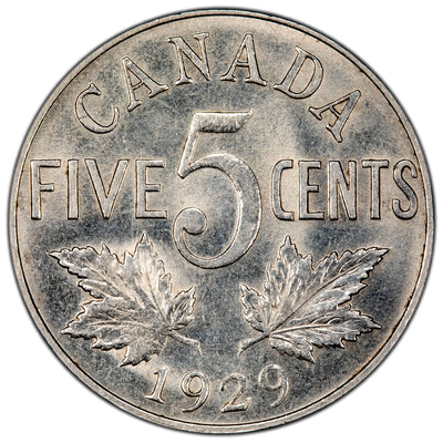Canada 1929 5 Five Cents Coin - AU +