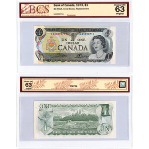 SOLD $1 1973 Bank of Canada Note EAX Replacement Prefix BC-46bA - BCS Ch UNC-63