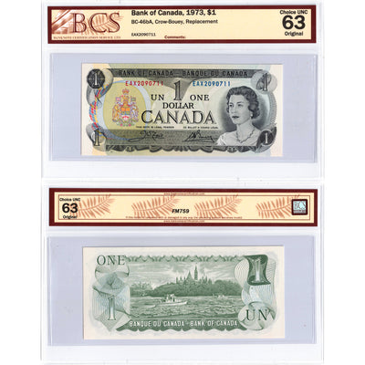 SOLD $1 1973 Bank of Canada Note EAX Replacement Prefix BC-46bA - BCS Ch UNC-63