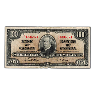 SOLD $100 1937 Bank of Canada Note Gordon-Towers B/J Prefix BC-27b - Circulated