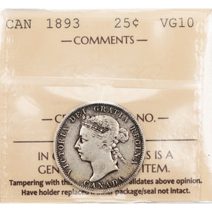 SOLD Canada 1893 25 Cents Quarter Silver Coin - ICCS VG-10