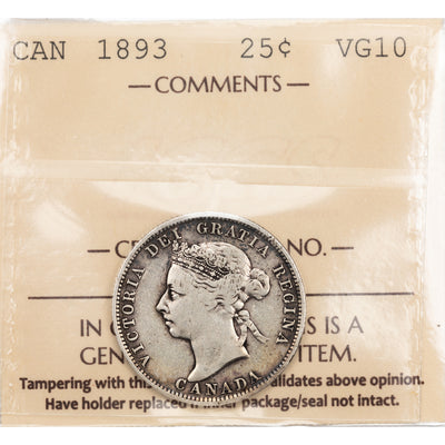 SOLD Canada 1893 25 Cents Quarter Silver Coin - ICCS VG-10