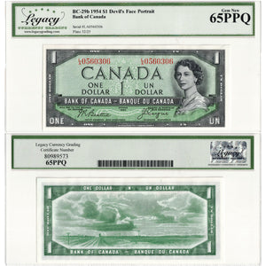 SOLD $1 1954 Bank of Canada Note Devil Face L/A Prefix BC-29b - Legacy Gem UNC-65 PPQ