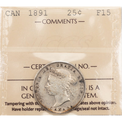 Canada 1891 25 Cents Quarter Silver Coin - ICCS F-15