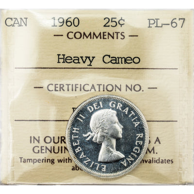SOLD Canada 1960 25 Cents Quarter Silver Proof Like Coin - ICCS PL-67 Heavy Cameo
