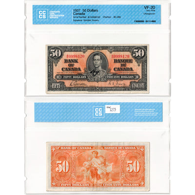 $50 1937 Bank of Canada Note Gordon-Towers B/H Prefix BC-26b - CCCS VF-20
