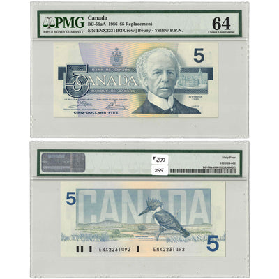 $5 1986 Bank of Canada Note ENX Replacement Prefix BC-56c-i - PMG UNC-64