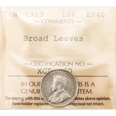 Canada 1913 Broad Leaves 10 Cents Dime Silver Coin - ICCS EF-40