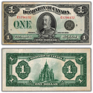 SOLD $1 1923 Dominion of Canada Note Black Seal Series E DC-25o - VF+ (stained)