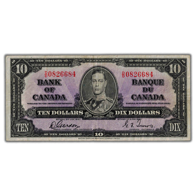 $10 1937 Bank of Canada Note Gordon-Towers D/D Prefix BC-24b - VF