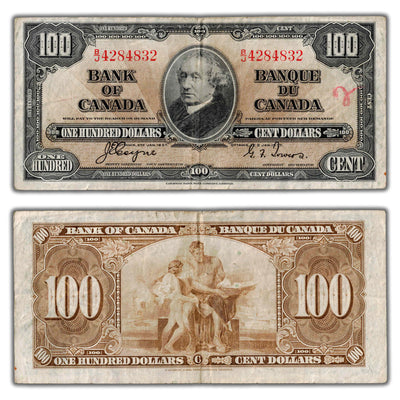 SOLD $100 1937 Bank of Canada Note Coyne-Towers B/J Prefix BC-27c - Writing