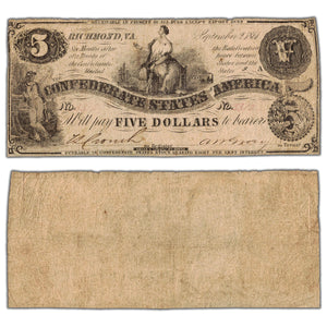 SOLD United States 1861 Confederate States of America $5 Five Dollars Note T-36 - Circulated