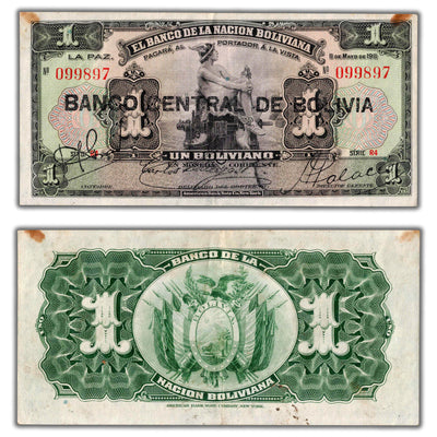 SOLD Bolivia 1911 (1929) 1 One Boliviano Note P #112 (3) - Stains