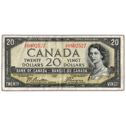 $20 1954 Bank of Canada Note Devil Face E/E Prefix BC-33b - F/VF (tear)