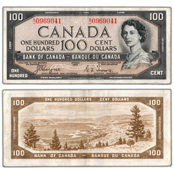 $100 1954 Bank of Canada Note Devil Face A/J Prefix BC-35a - VF/EF