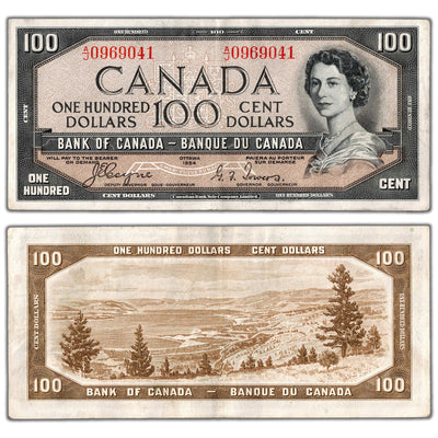 SOLD $100 1954 Bank of Canada Note Devil Face A/J Prefix BC-35a - VF/EF