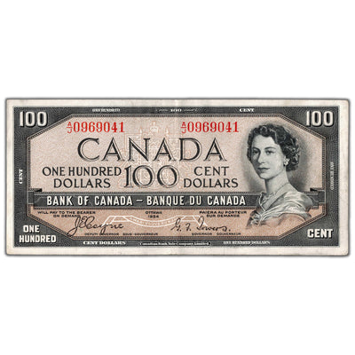 SOLD $100 1954 Bank of Canada Note Devil Face A/J Prefix BC-35a - VF/EF