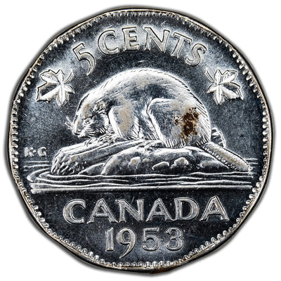 Canada 1953 Shoulder Fold Far Leaf Mule 5 Cents Nickel Coin - Rust Spot