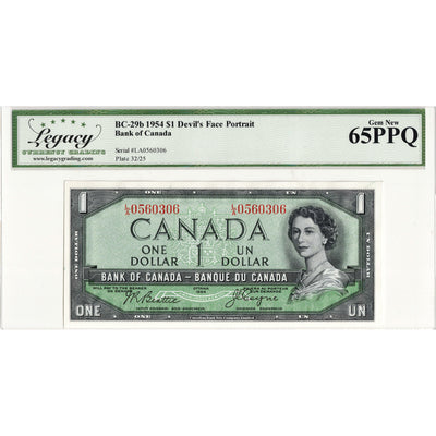 SOLD $1 1954 Bank of Canada Note Devil Face L/A Prefix BC-29b - Legacy Gem UNC-65 PPQ